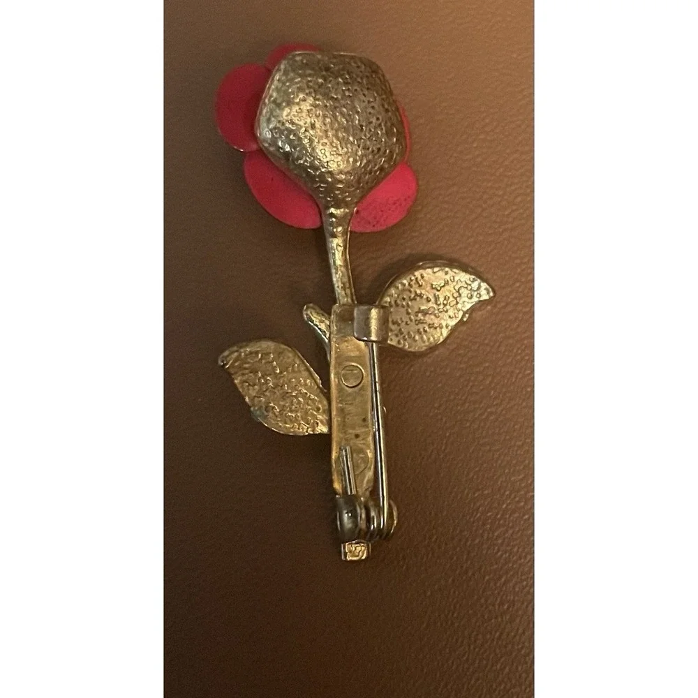 Vintage Flower Red Rose Leaf Brooch Pin Textured Gold Tone Metal Costume Jewelry